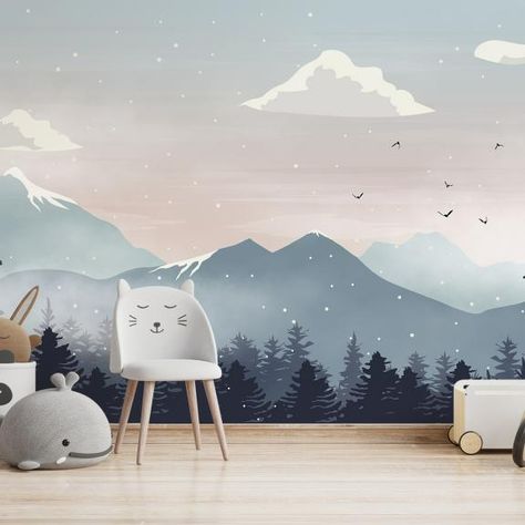 Boys Room Wallpaper | Wall Murals for Boys Bedroom • Wallmur® Mural For Kids Room, Boys Room Wallpaper, Room Wallpaper Designs, Snow Wallpaper, Mountain Mural, Mountain Nursery, Murals For Kids, Theme Nature, Blue Nursery