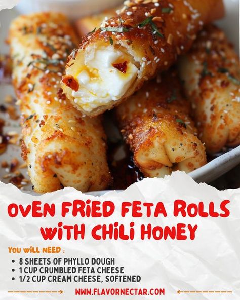 Flavor Nectar - 🧀 Oven Fried Feta Rolls with Chili Honey... Oven Fried Feta Rolls, Fried Feta Rolls, Feta Rolls, Fried Feta, Chili Honey, Bite Size Appetizers, Feta Recipes, Oven Fried, Meatless Main Dishes