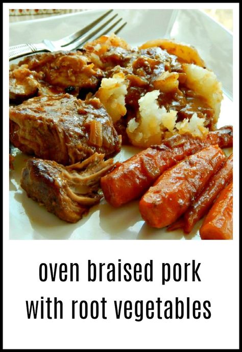 Braised Pork Loin Recipes Oven, Pork Loin Recipes Oven, Baked Pork Loin, Carrots In Oven, Braised Pork Chops, Braised Pork Shoulder, Roasted Potatoes And Carrots, Pork Roast Recipes, Pork Shoulder Roast