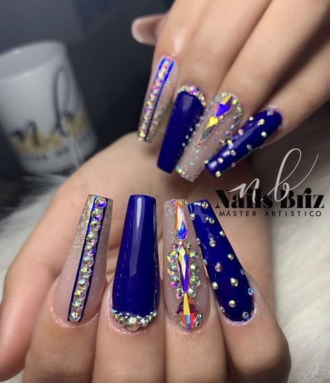 Royal Blue Nails Designs With Rhinestones, Royal Blue Rhinestone Nails, Royal Blue Long Nails With Design, Silver And Royal Blue Nails, Royal Blue Nails Designs Coffin Glitter, Blue Righnstone Nails, Nail Designs Bling, Glitter Tip Nails, Royal Blue Nails