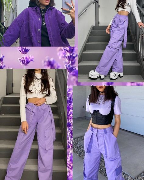 Baggy Purple Outfit, Purple Tomboy Outfit, Purple Outfits Concert, Neon Purple Outfit, Pink And Purple Outfit Ideas, Purple Streetwear Outfit, Purple Cargo Pants Outfit, All Purple Outfit, Baggy Outfits Girl