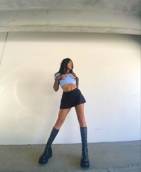 Parking garage photos
Instagram poses
Outfit inspo
Thrifted outfit
Black skirt outfit 
Y2K outfit
Demonias Platform Boots Outfit Summer, Demonia Boots Outfit, Platform Boots Outfit, Thrifted Outfit, Rave Dress, Demonia Boots, Skirt Boots, Skirt Inspiration, Cute Skirt Outfits