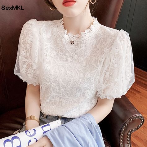 Puff Sleeve Tops, Chiffon Embroidery, Casual Korean Style, Korean Fashion Shorts, Lace Blouses, Women Lace Blouse, White Lace Blouse, Blouse Models, Sleeves Clothing