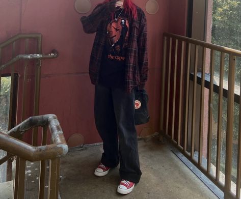 Red And Black Flannel Outfit Men, Grunge Outfits With Red Converse, Slacker Outfits, Red And Black Alt Outfits Masc, Red Emo Outfits Male, Red Grunge Outfit Men, Red Grunge Clothes, Grunge Red Outfit, How To Style Red Converse