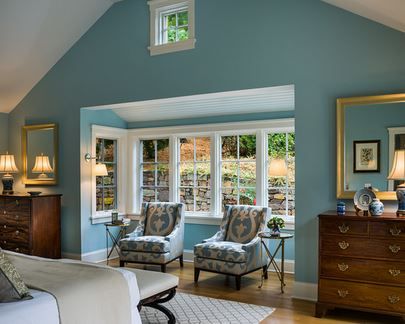 Alternate wall color option - Buxton Blue HC-149 by Benjamin Moore Bedroom Bump Out Ideas, Teal And Gold Bedroom, Dark Teal Bedroom Ideas, Jewel Tone Living Room, Bedroom Addition, Bump Out, Exterior Houses, Bedroom Traditional, Window Seats