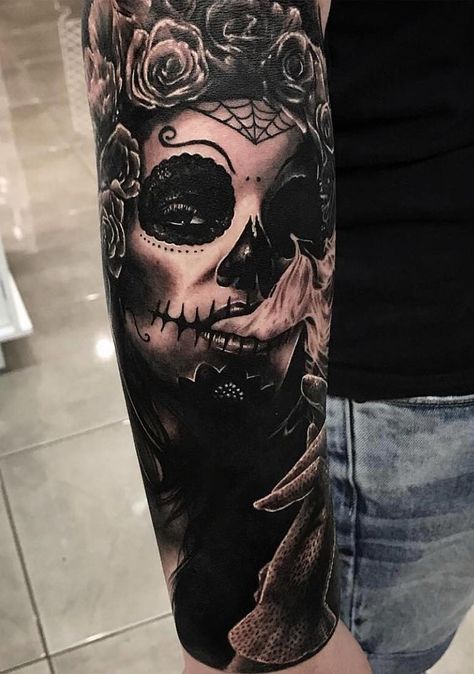 Dia De Los Muertos Tattoo Ideas Men, Candy Skull Tattoo For Men, Dia De Los Muertos Tattoo Ideas, Sugar Skull Sleeve, Day Of The Dead Tattoos, Day Of The Dead Girl Tattoo, Day Of The Dead Tattoo, Candy Skull Tattoo, Dead Tattoo