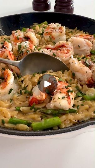 138K views · 105 reactions | Creamy Orzo with Prawns and Asparagus 🦐
Featuring succulent prawns and fresh asparagus tossed in creamy orzo pasta, this feast of flavours will delight the whole family.  

Serves: 4 
Preparation Time: 15 minutes 
Cooking Time: 20 minutes 
Difficulty: Easy 

Ingredients 
2 tablespoons olive oil 
500g prawns, deveined and shelled  
2 tablespoons butter 
1 onion, finely chopped 
4 garlic cloves, minced 
300g orzo pasta 
3 cups chicken stock 
½ cup cream 
100g asparagus, sliced into 2cm pieces 
1-2 tablespoons Parmesan cheese 
2 teaspoons chopped chives 
2 teaspoons chopped dill 
1-2 teaspoons lemon juice, to taste 
Salt and pepper, to taste 

Method 
Peel and devein the prawns, then pat dry with paper towels.  

In a Le Creuset 23cm Cast Iron Round Skillet, heat Creamy Orzo Pasta, Creamy Orzo, Fresh Asparagus, Orzo Pasta, Risotto Recipes, Stuffed Shells, Paper Towels, Orzo, Parmesan Cheese