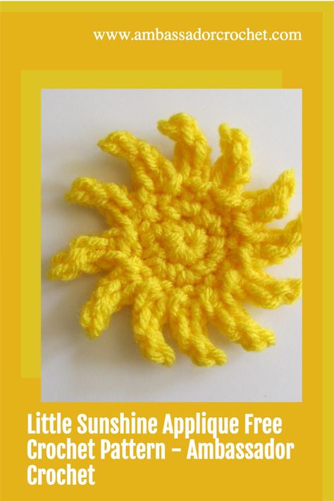 Crochet this sunshine applique in just minutes!! Crochet Sun Applique Free Pattern, Crochet Sun Pattern Free, Crochet Sun Pattern, Beach Blanket Crochet, Sunroom Studio, Small Crochet Items, Crochet Sunshine, Appliqué Crochet, Sunshine Crochet