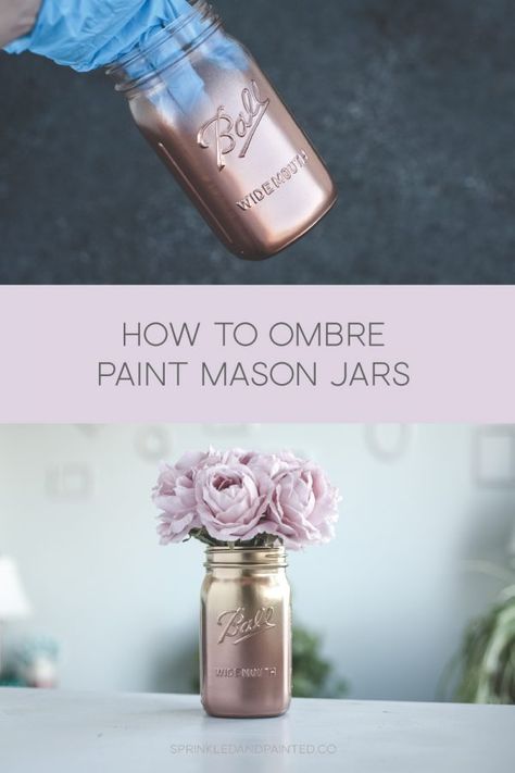 How to Ombre Spray Paint Mason Jars - Sprinkled and Painted at KA Styles.co Diy Gold Mason Jars, How To Paint Mason Jars, Painted Mason Jars Diy, How To Ombre, Paint Mason Jars, Spray Paint Mason Jars, Ombre Painting, Crocheting Tutorials, Diy Jars