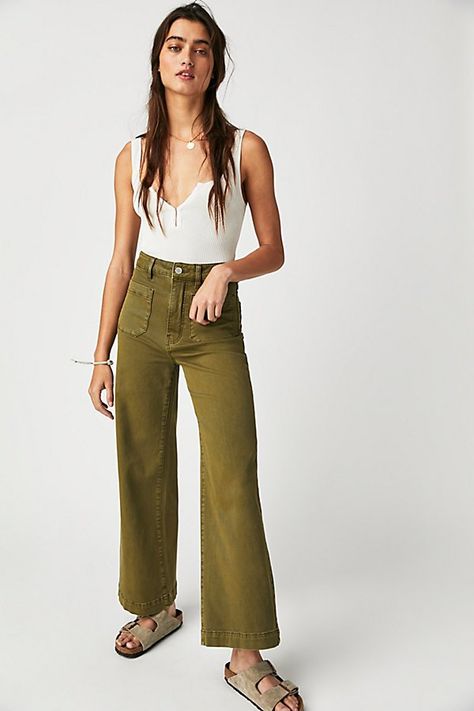 High-waisted jeans featured in a wide-leg silhouette. * Authentic denim* Front and back patch pockets * Button closure and zip fly Sailor Jeans, Sailor Jean, All Jeans, Green Pants, Back Patch, Up Girl, Boho Outfits, Wide Leg Jeans, High Waist Jeans