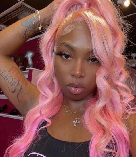 Styles For Pink Wigs, Pink Wig Half Up Half Down, Pink Wigs Hairstyle, Pink Sew In Weave Black Women, Pink Prom Hairstyles, Pink Lace Front Wig Hairstyles, Pink Birthday Hair, Pink Wigs Black Women, Pink Lace Front Wigs Black Women