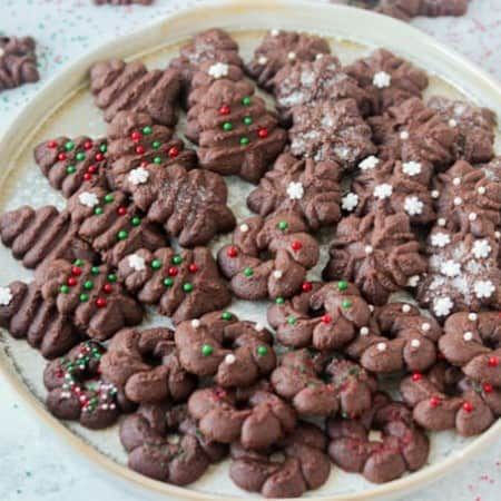 Chocolate Spritz Cookies - 365 Days of Baking Cream Cheese Spritz, Chocolate Spritz Cookies, Cream Cheese Spritz Cookies, Spritz Cookie Recipe, Cookies With Cream Cheese, Holiday Sprinkles, Spritz Cookies, Cocoa Cookies, Cream Cheese Cookies