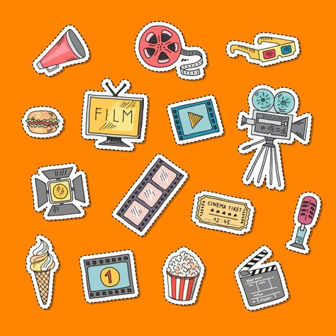 Cinema Doodle, Cinema Stickers, Super Hero Banner, Orange Drawing, Rat Drawing, Movie Stickers, Film Stickers, Etsy Packaging, Doodle Icons