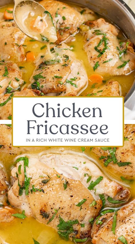 This chicken fricassee is rich, creamy, and delicious! Crispy chicken thighs are simmered in a savory white wine sauce and finished off with a sprinkling of fresh herbs. This fancy-sounding dish is surprisingly easy to make and comes together in just 30 minutes! Chicken Fricasse Recipe, 1900s Christmas, Chicken Thigh Recipes Stovetop, White Wine Cream Sauce, White Wine Chicken, 40 Aprons, Chicken Fricassee, Crispy Chicken Thighs, Erwin Rommel