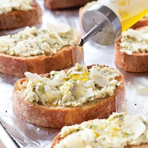 Bruschetta with Artichoke Hearts and Parmesan | America's Test Kitchen Recipe Recipes With Artichoke Hearts, Bruchetta Appetizers, Artichoke Bruschetta, Bruschetta Recipes, Artichoke Heart Recipes, American Test Kitchen, Cooking App, Ladies Luncheon, Bistro Food