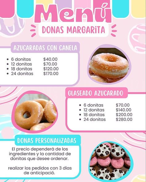 Mini donas🍩 en Instagram: “Aquí podrán ver nuestra variedad de donas y sus respectivos precios.🍩✨ #menu #donas #donut #postres #minidonas #variedad #rd #mao” Gold Donuts, Donut Store, Mini Donuts Maker, Dessert Waffles, Cake Donut, Iced Starbucks Drinks, Food Business Ideas, Donut Maker, Mini Doughnuts