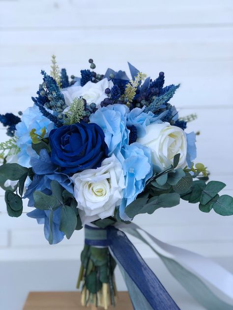 Dusty Blue, SLATE BLUE & Navy Blend Wedding Bouquet, Blues Ivory Bridal Bouquet, Real Touch Roses, Blue Wild Flowers, Boutonniere Corsage - Etsy Blended Wedding, Blue Wild Flowers, Cinderella Quinceanera Themes, Ivory Bridal Bouquet, Blue Boutonniere, Flower Boquet, Bridal Floral Crown, Bridal Bouquet Blue, Blue Wedding Bouquet