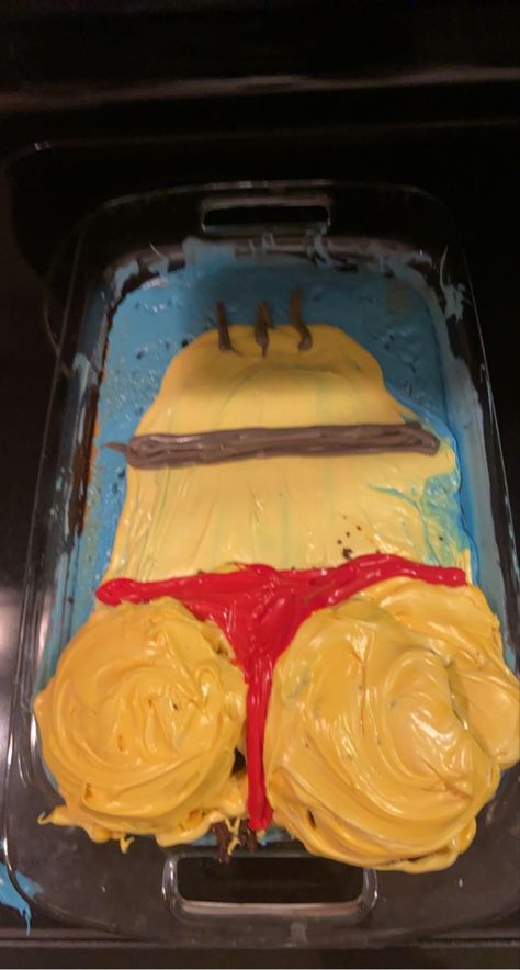 minion facing down with thong Silly Cakes Funny, Cake Contest Ideas, Goofy Cake Ideas, Cake Funny Design, Silly Cake Ideas, Funny Baking Ideas, Cursed Birthday Cake, Funny Cake Decorating Ideas, Funny Cakes For Friends