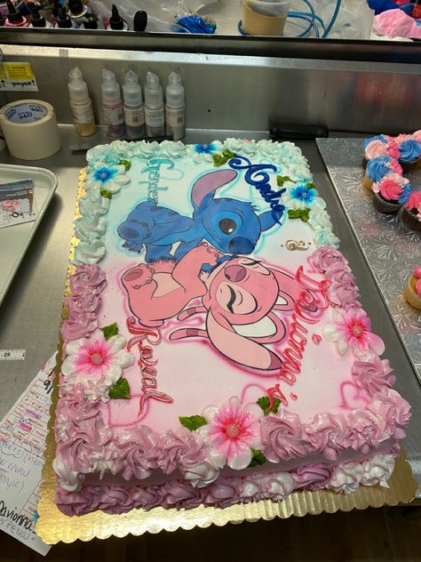 Stitch And Angela Gender Reveal, Stitch Cake Girl, Lilo And Angel Birthday Party, Stitch Sheet Cake, Stitch Gender Reveal Ideas, Stitch Birthday Cake, Lilo And Stitch Cake, Angel Stitch, Gender Reveal Baby Shower Themes