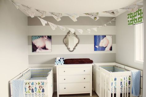 Twin Babies Nursery, Twin Nursery Gender Neutral, Dresser Changer, Twin Boys Nursery, Twin Baby Rooms, Twin Cribs, Nursery Paint Colors, Twins Nursery, Nursery Layout