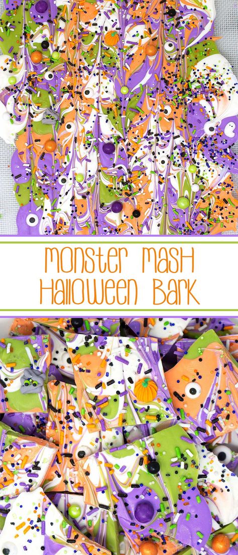 Monster Mash Halloween Bark - brightly colored melted white chocolate swirled together and topped with Sprinkle Pop Monster Mashup Sprinkle Mix makes this monster Halloween chocolate positively spooktacular. #halloweentreats #halloweenbark #chocolate #choctoberfest #monstermashhalloweenbark #chocolatedesserts #monstermashbark Halloween Candy Bark, Halloween Bark, Walk Ideas, Fall Eats, Melted White Chocolate, Treat Table, Halloween Sprinkles, Candy Bark, Halloween Things