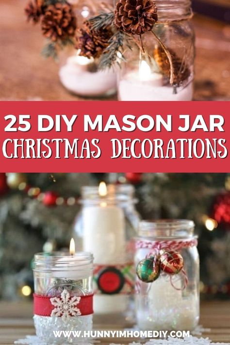 Easy Mason Jar Christmas Crafts, Christmas Tea Light Ideas, Diy Mason Jar Christmas Decor, Christmas Diy Mason Jar Ideas, Ball Jar Crafts, Mason Jar Ribbon Ideas, Christmas Crafts With Mason Jars, Diy Christmas Decorations Mason Jars, How To Decorate Mason Jars For Christmas