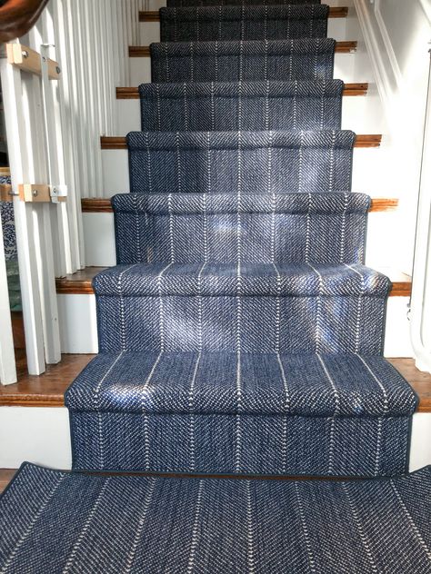 Navy Stair Runner, Pine Stair Treads, Stairway Carpet, Striped Stair Runner, Front Stairs, Carpet Staircase, Dallas House, Staircase Runner, Entry Stairs