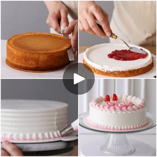 This yummy cake with strawberries is looking fantastic! | This yummy cake with strawberries is looking fantastic! | By MetDaan Cakes | Hey hey cake lovers. This
strawberries jelly and crackled pink roses on butter cake will
blow your mind. Starting off with a layer of
sponge applying syrup and white cream all over it. Now adding a good amount of
that cream and start piping it all over the edges. And it's
jam time. Who else loves strawberries jam? Applying a
little bit of that cream in the middle and put the other layer
of the sponge on top. Repeating the same process as
we used in the first layer. The combination of these
ingredients will definitely make it the yummiest cake ever.
Adding another layer of that sponge on top. And let's cover
up the edges with that cream. Applying it all over Metdaan Cakes, Cake With Strawberries, Strawberry Jelly, Strawberry Cakes, Cake Lover, Butter Cake, Strawberry Jam, Blow Your Mind, Yummy Cakes