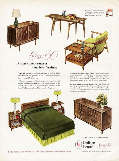 1950s House Decor, 1950 Home Decor, 50s Interior Design, 1950s Interior Design, 50s Interior, Furniture Advertising, 70s Interior Design, Henredon Furniture, 1960s Furniture