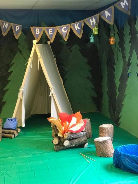 Camp Banner Ideas, Campfire Light Vbs, Camping Party Backdrop, Wilderness Theme Classroom, Camp Theme Decor, Camp Firelight Vbs Decorations, Classroom Tent, The Great Outdoors Theme, Camp Party Decorations