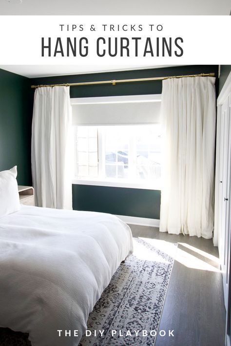 How to Hang Curtains In a Bedroom | The DIY Playbook Brass Curtain Rod, How To Hang Curtains, Black Curtain Rods, Hang Curtains, Dark Green Walls, Bedroom Color Combination, Dark Paint Colors, Diy Playbook, Living Room Decor Curtains