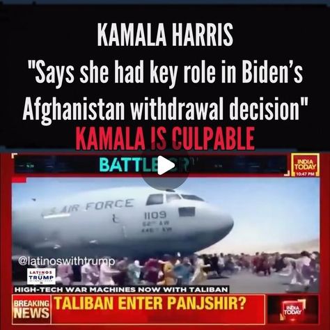 Latinos With Trump on Instagram: "God help us 🙏. Kamala Harris played a key role in the Afghanistan Withdrawal and allowed our advanced military hardware to fall into Taliban hands. And NOW she wants to be President... NO WAY!

"Harris says she had key role in Biden’s Afghanistan withdrawal decision" ~ source @politico 

Kamala is just as culpable as Joe for the catastrophic failure in the Afghanistan withdrawal. 

In an interview with CNN’s Dana Bash on “State of the Union,” Harris was asked about being the last person in the room regarding major decisions, something that Biden has said is important to him in his working relationship with the vice president. Harris confirmed that was the case regarding the move to pull U.S. troops out of Afghanistan by Sept. 11. - Politico News

Thanks t God Help Us, Dana Bash, Military Hardware, State Of The Union, The Union, News Today, High Tech, Interview, Key