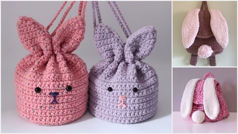 Crochet Easter Bunny Backpack or Pouch For Beginners Crochet Bunny Drawstring Bag, Bunny Bag Crochet, Crochet Pockets, Crochet Easter Bunny, Plastic Bag Crochet, Crochet Candy, Bunny Backpack, Bag Tutorials, Crocheted Bags