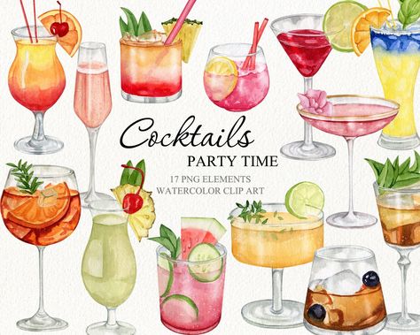 Watercolor Cocktails, Drinks Clipart, Cocktails Clipart, Cocktail Champagne, Cocktail Images, Home Bakery Business, Menue Design, Cocktail Illustration, Colorful Drinks