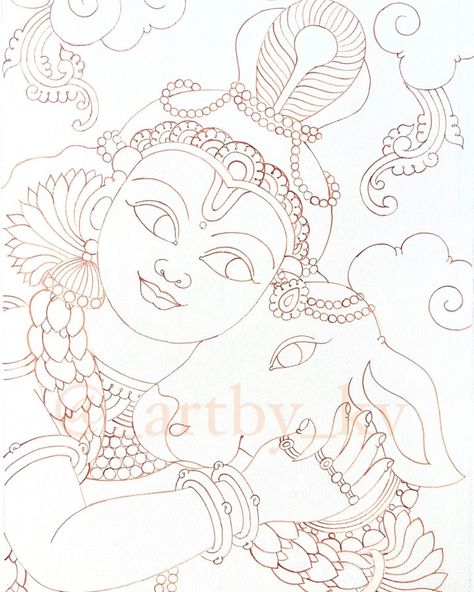 Kerala Mural Outline Sketches, Mural Kerala Paintings, Mural Art Outline, Canvas Outline Ideas, Mural Art Krishna, Onam Craft, Pichwai Paintings Outline, Mural Painting Outline, Mural Painting Outline Sketches