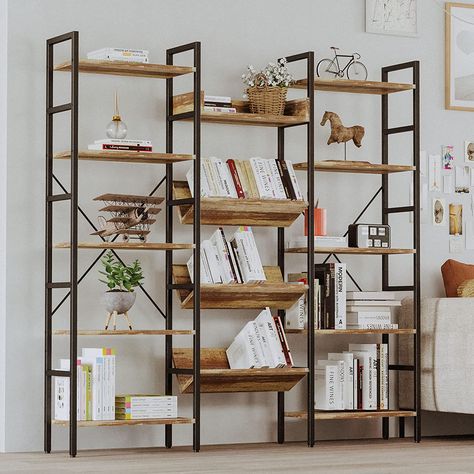 #ad 5 Tiers Industrial Bookshelf, Large Etagere Bookshelf Open Record Player Shelves with Metal Frame for Living Room Home Office, Industrial Brown 5 Tier Bookshelf, Open Display Shelf, Industrial Bookshelf, Tall Bookcases, Iron Brackets, Living Room Home Office, Dining Room Storage, Room Home Office, Vertical Storage