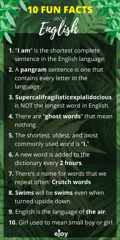 Hi English learners! Have you ever heard of these 10 interesting facts about the English language? Leave a comment you know any other fun facts ;) English Knowledge Quotes, Amazing Fact In English, Facts And Figures Of English Language, English Facts Did You Know, World English Language Day, English Facts Interesting, Interesting Facts About English Language, Amazing Facts For Students In English, Fact In English