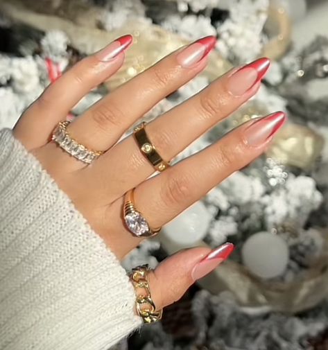 Chrome Red Nails French Tip, Red French Tips With Chrome, Red Chrome French Tip Nails Almond, Red French Tip Nails With Chrome, Red Chrome Tips Nails, Red Tip Chrome Nails, Red French With Chrome, Red French Tip Nails Chrome, Red French Tip Chrome Nails