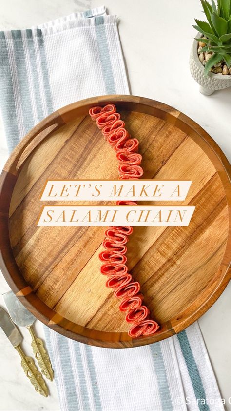 ⛓Let’s build a salami chain!⁣ ⁣ Looking for a way to style salami without it being a flower? Look no further then the salami chain! ⁣ ⁣ I… | Instagram Meat Boards Cheese Plates, Pepperoni And Salami Charcuterie Board, How To Make Salami Ribbons, How To Arrange Salami On Charcuterie, How To Style Salami, Pepperoni On Charcuterie Board, Charcuterie Board Butcher Paper, How To Roll Salami For Charcuterie, Salami For Charcuterie Board