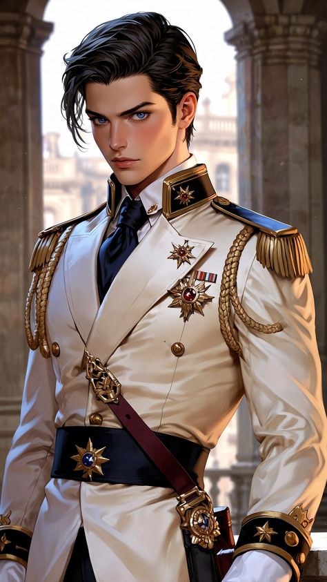 The young captain Maximilian von Nassau leads the royal guard. His loyalty is exemplary. Royal Guard Fantasy Art, Fantasy Guard Outfit, Fantasy Royal Guard, Royal Guard Character Design, Royal Guard Aesthetic, Prince Outfits Royal, Royal Guard Outfit, Royal Prince Outfit, Prince Uniform