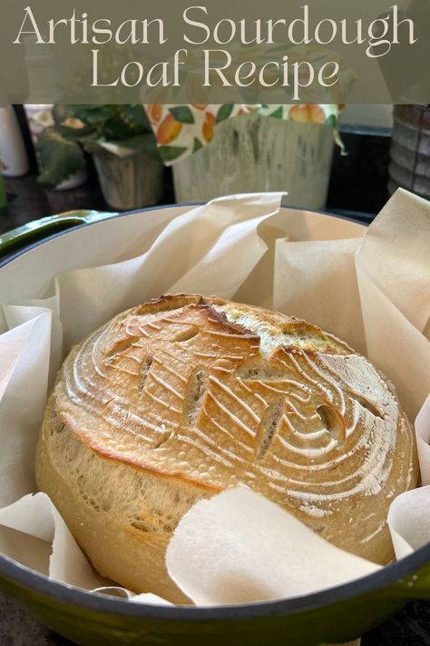 artisan sourdough loaf in a green dutch oven on parchment paper Sourdough Artisan Loaf, Sourdough Artisan Bread, Artisan Sourdough Bread Recipe, Dream Restaurant, Artisan Sourdough, Holistic Home, Sourdough Loaf, Sourdough Bread Recipe, Loaf Recipes