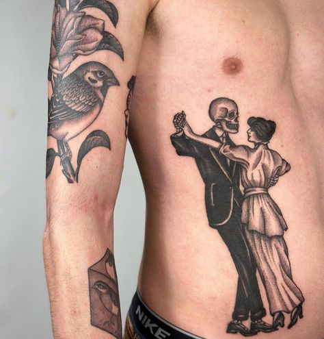 Woman Dancing With Skeleton, Skeleton And Lady Tattoo, Skeleton Dancing With Woman Tattoo, Restaurant Tattoo Ideas, Skeleton Dancing With Woman, Black Pinup Tattoo, Skeleton And Woman Tattoo, 2 People Tattoos, Dance Macabre Tattoo