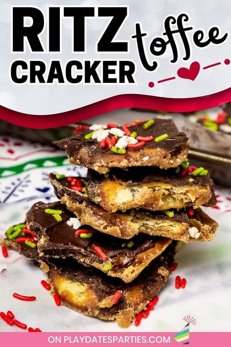 If you haven't made Ritz cracker toffee yet, you are missing out! This recipe is so easy and delicious - it's also known as Christmas crack. Ready in about an hour and no thermometer necessary, Ritz cracker Christmas crack is the perfect combination of crunchy, salty, and sweet all in one bite. If you're looking for a new Christmas dessert to make, then look no further. This Christmas crack recipe will have your family begging for more! Ritz Cracker Toffee, Christmas Toffee, Saltine Cracker Toffee, Best Christmas Desserts, Cracker Toffee, Toffee Recipe, Christmas Cracker, Saltine Crackers, Christmas Candy Recipes