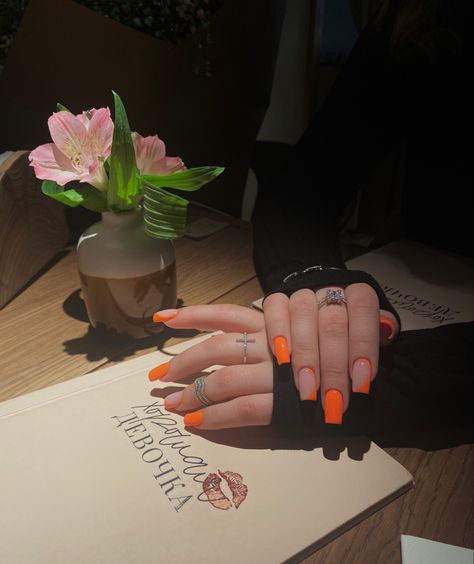 Square Orange Nails, Orange Square Nails, Nails Square Medium, Orange Nails Summer, Nails Summer Nails, Orange Square, Nails Square, Nails Summer, Orange Nails