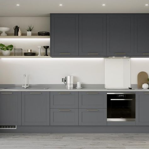 Dusk Blue Kitchen, Howdens Chelford, Modern Shaker Style, Kitchen Door Styles, Single Wall Kitchen, Charcoal Kitchen, Kitchen Shaker, One Wall Kitchen, Antique White Kitchen