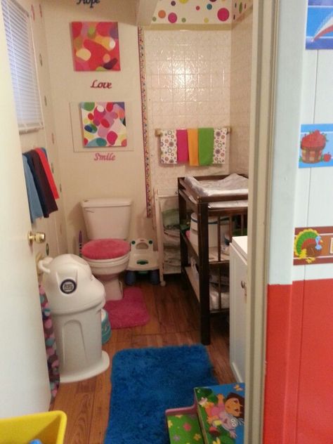 My Home Daycare Bathroom Daycare Bathroom Ideas, Daycare Bathroom, In Home Daycare Ideas, Home Daycare Rooms, Daycare Room Ideas, Daycare Setup, Opening A Daycare, Daycare Spaces, Home Daycare Ideas