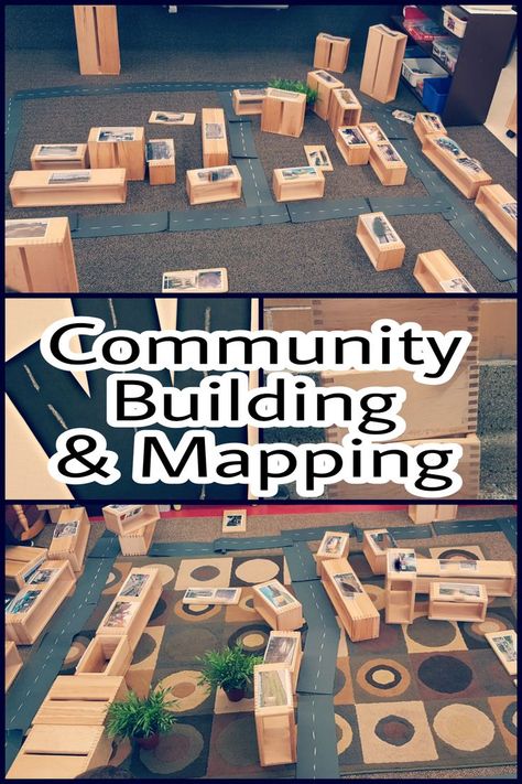 A hands-on approach to building your community.  Children love constructing and being able to walk through their community.  Real photos help teach mapping and community buildings. Community Mapping, Community Map, Community Helper Lesson, Community Helpers Kindergarten, Community Jobs, Community Helpers Theme, People Who Help Us, Reggio Classroom, Kindergarten Social Studies