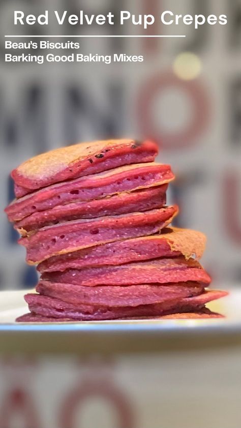 A plate topped with small red pancakes. Treats that your dog. Puppy Pancakes, Grain Free Dog Treats, Crepe Mix, Dog Treats Grain Free, Yummy Meals, Biscuit Mix, Crepe Recipes, Baking Mixes, Best Food Ever