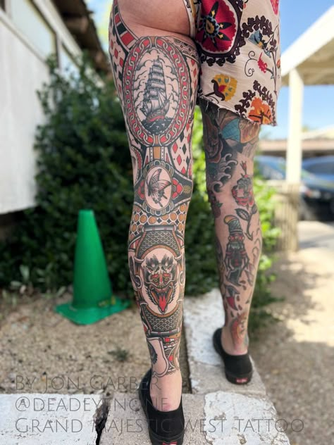 Full Leg Tattoos Traditional, Patterned Sleeve Tattoo, Leg Sleeve Traditional Tattoo, American Traditional Body Suit Tattoo, Long Filler Tattoo, Traditional Leg Sleeve Women, Old School Tattoo Leg, European Traditional Tattoo, Framed Traditional Tattoo