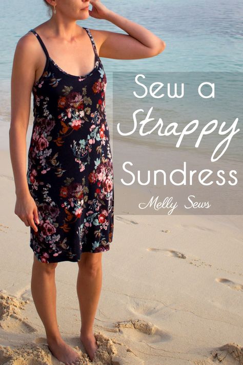 Learn to sew spaghetti strap summer dresses perfect for the heat! Please meet my newest favorite sundress. Made in a rayon blend knit, this dress is secret summer pajamas – in fact, it would actually make a good nightgown if I slept in nightgowns (I’m a tank and shorts girl myself). This dress is actually a Read the Rest... Strap Dress Pattern, Melly Sews, Sundress Pattern, Spaghetti Strap Summer Dress, How To Make Spaghetti, Summer Tank Dress, Summer Dress Patterns, Diy Clothes Videos, Summer Sewing